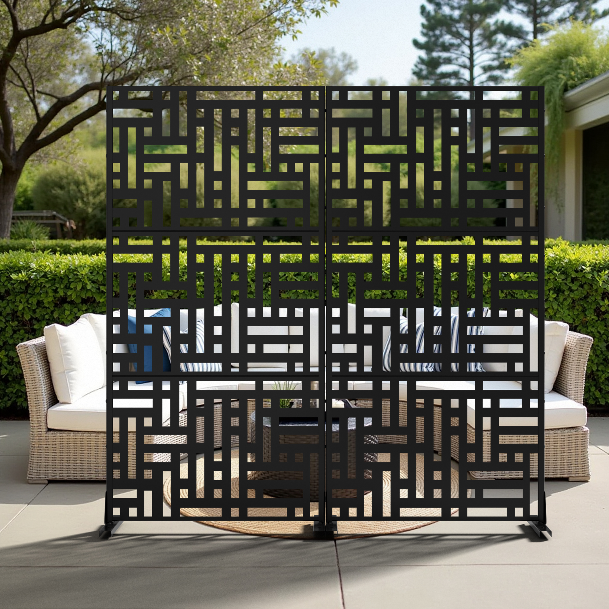 MAYEERTY 72×35" Outdoor Black Metal Privacy Panel Screen for Backyard & Garden, Geometric Maze Pattern