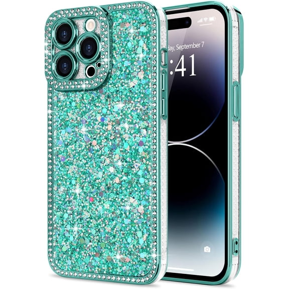 Waicvis for iPhone 14 Pro Max Case Glitter, Luxury Shiny Bling Sparkly Bumper Cover with Crystal Diamonds for Women Girls Soft Slim Shockproof Protective Phone Case for iPhone 14 Pro Max 6.7", Green