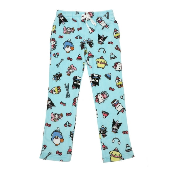 Hello Kitty & Friends Characters All-Over Print Women's Light Blue Plush Sleep Pajama Pants-Medium