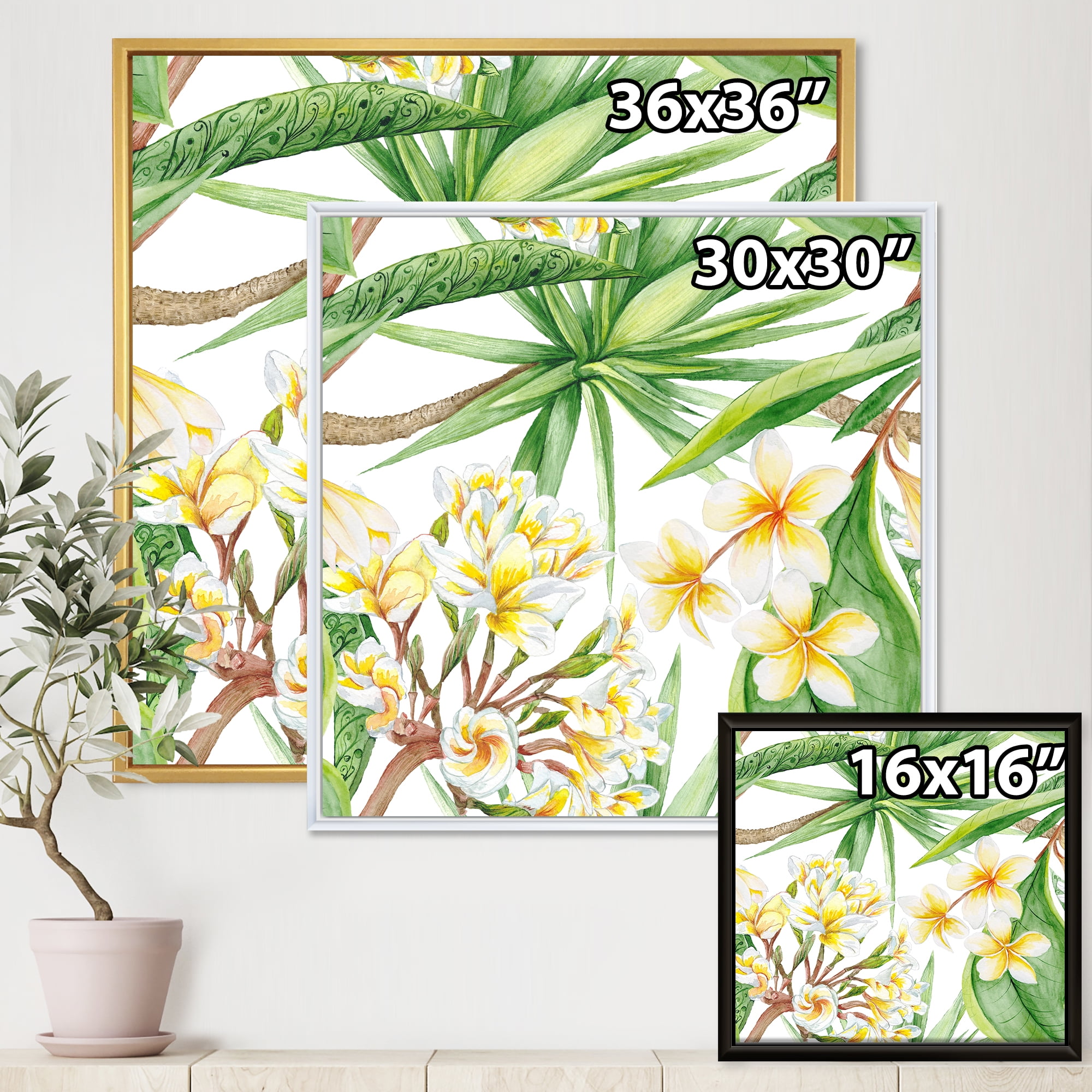 Designart 'Yellow Flowers and Tropical Foliage I' Modern Framed Canvas Wall Art Print