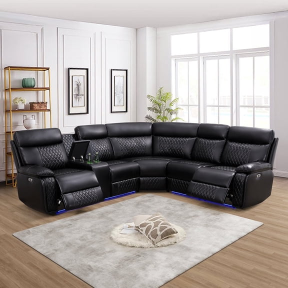 Leather Power Recliner Sectional Sofa with LED Light & Cup Holder for Living Room Home Theater, Black
