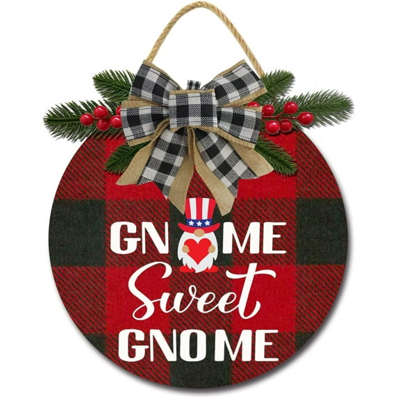 Eveokoki 12" Christmas Wall Decor,Christmas Decorations Wreath, Buffalo Plaid Hanging Sign Rustic Wooden Holiday Decor for Front Door Porch Window Wall Farmhouse Indoor Outdoor Decorations