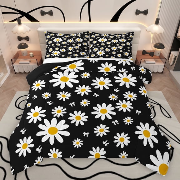 jejeloiu Cartoon Flower Bedding Comforter Set,Kawaii Floral Twin Comforter Sets,White Bow Tie Bedding Set For Teens,Super Cozy Room Decor Reversible,2pcs