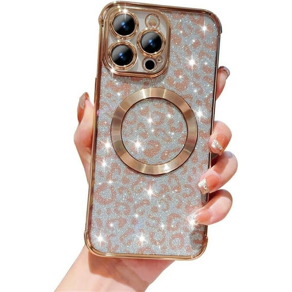 Designer for iPhone15 Case Luxury Leopard Gradient Glitter [Compatible with Magsafe] Magnetic Case [Slim Thin Shockproof] Cover for Women Girls 6.1 Inch Phone Case-Gold