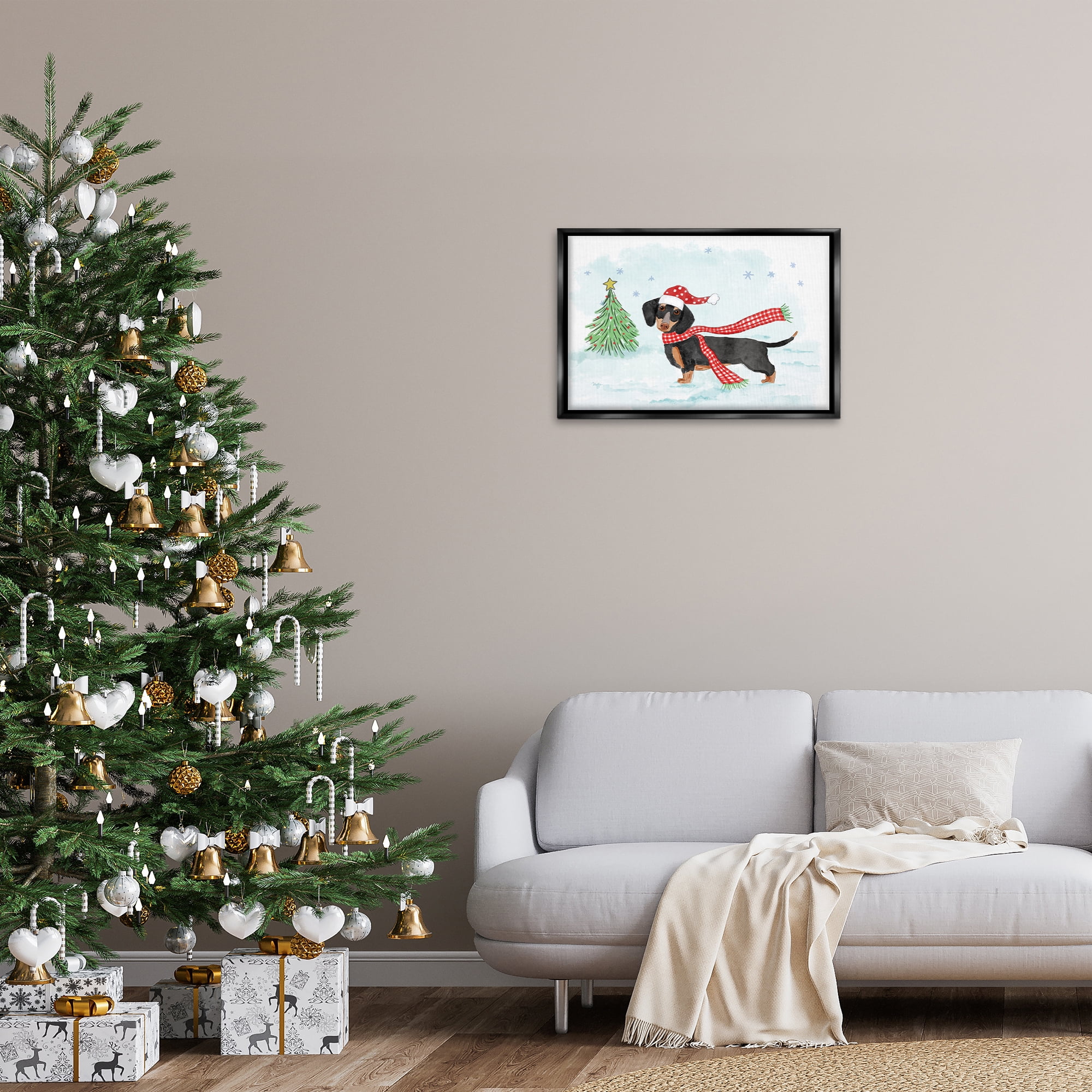 Stupell Industries Dachshund with Scarf Holiday Painting Black Floater Framed Canvas Art Prints Wall Art, 25 x 17
