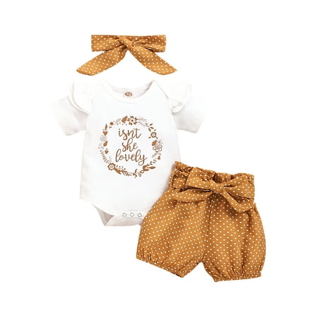 

Nokpsedcb Baby Girls Short Sleeve Ruffle Dot Romper Shorts Headband Outfits Set