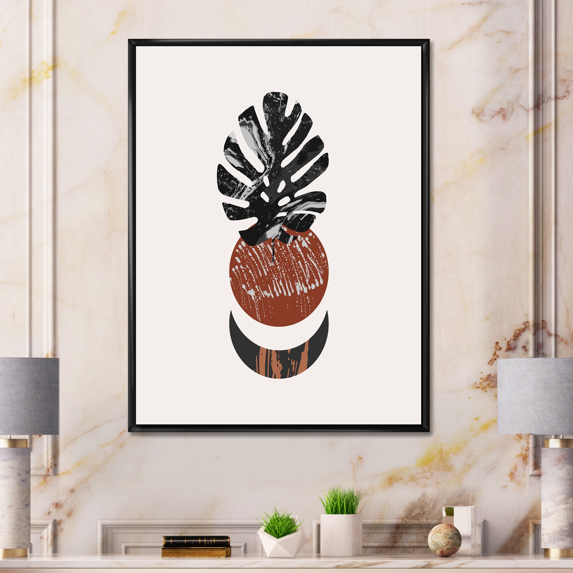 Designart 'Abstact Tropical Palm Leaf, Minimal Sun And Moon II' Modern Framed Canvas Wall Art Print
