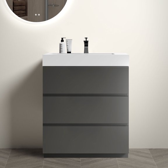 30" Gray Bathroom Vanity with Sink, Large Storage Freestanding Bathroom Vanity for Modern Bathroom, One-Piece White Sink Basin without Drain and Faucet