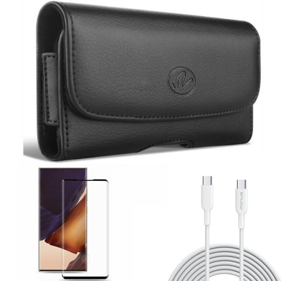 Case Belt Clip & 6ft Long Type-C Cable & Screen Protector for Samsung Galaxy Note 20 Ultra (6.9") - Combo with Leather Swivel & PD Fast Charger Cord Power & Tempered Glass (Fingerprint Unlock)