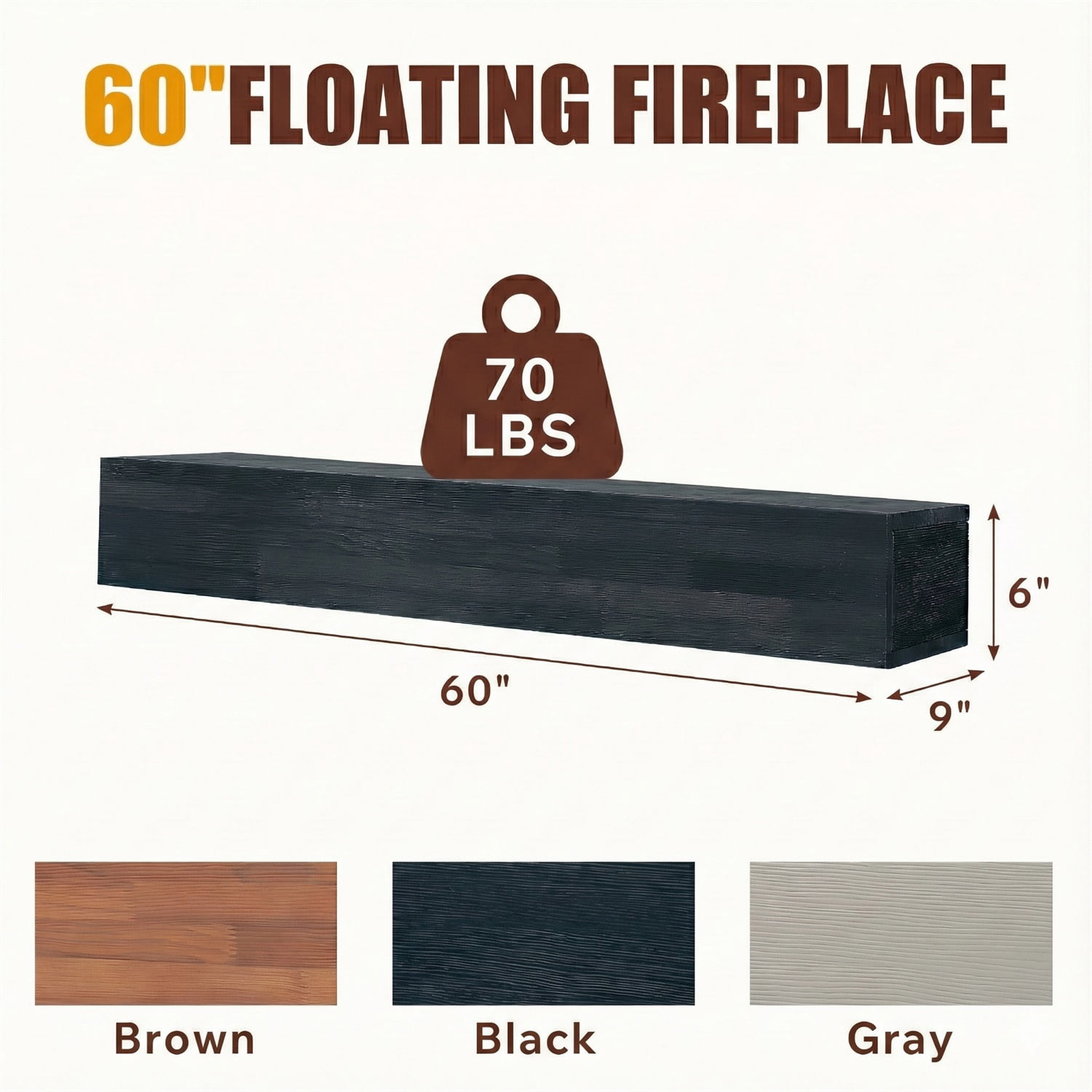 Hommoo 60" Rustic Wood Fireplace Mantel Wall-Mounted & Floating Shelf for Home Decor, Black