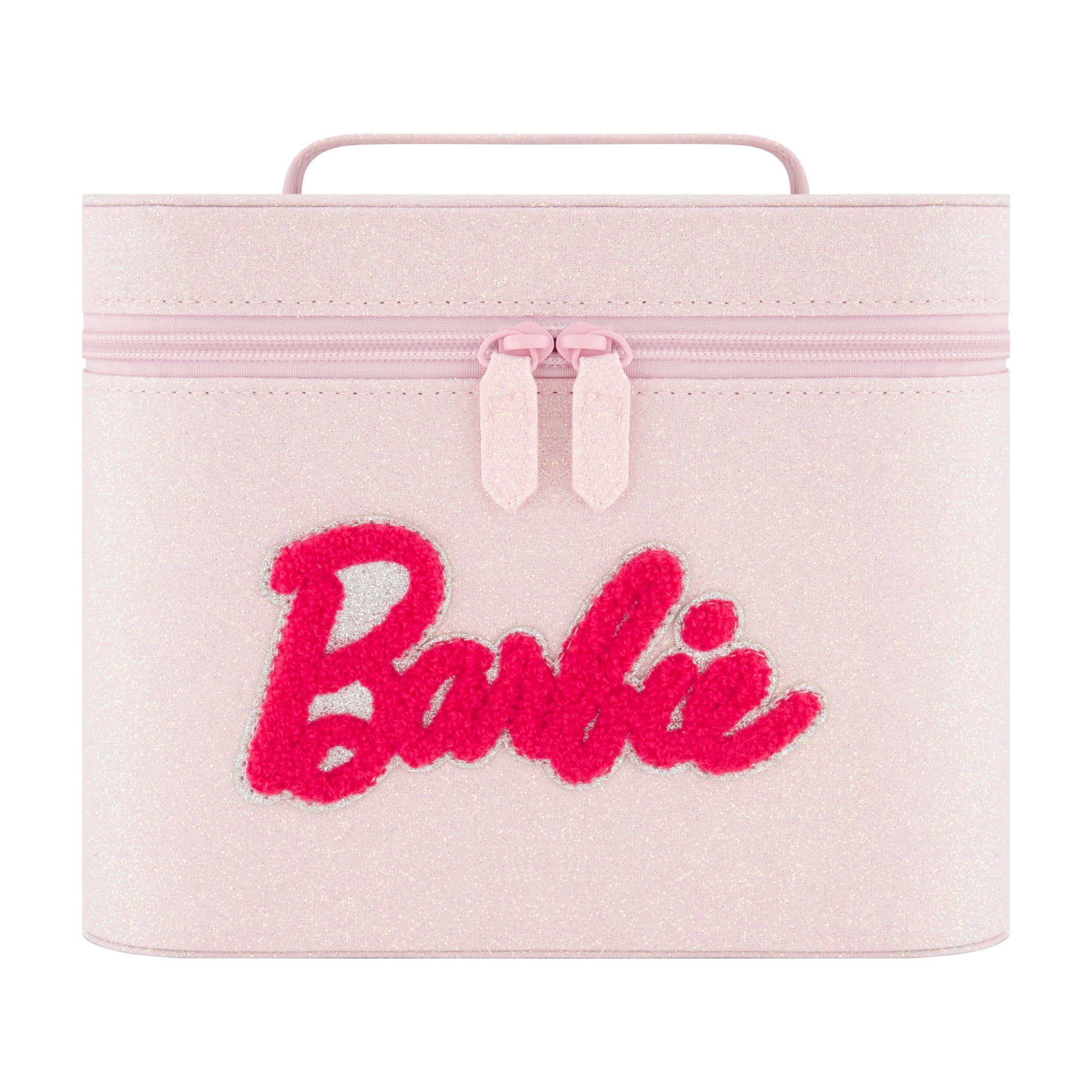 Barbie Travel Makeup Bag, Trapezoid Cosmetic Organizer Pouch for Women, Pink Glitter