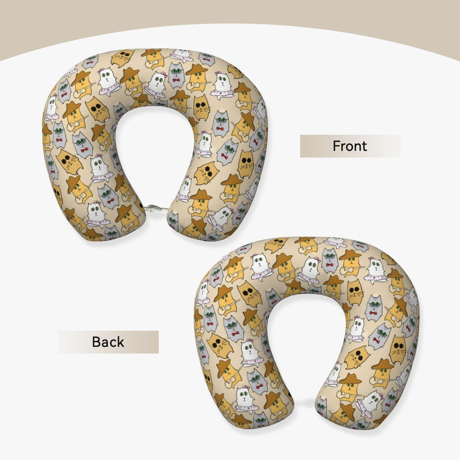 Xecao Music Dancing Cat Print Memory Foam Cervical Neck Pillow Versatile U-Shaped Pillows for Home,Office,Camping,Travelling,Soft Washable Cover