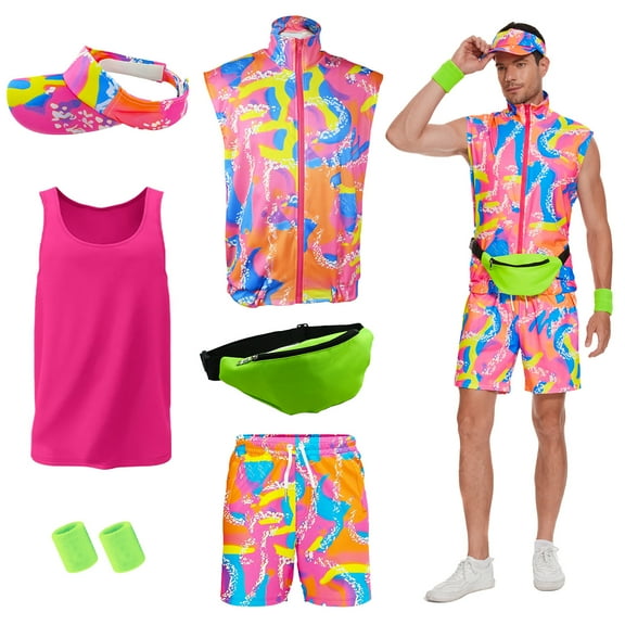 HNKMDK 80s 90s Workout Costume for Men Retro Neon Cosplay Swimwear Outfit with Accessories Hat Waist Bag Wristband(S)