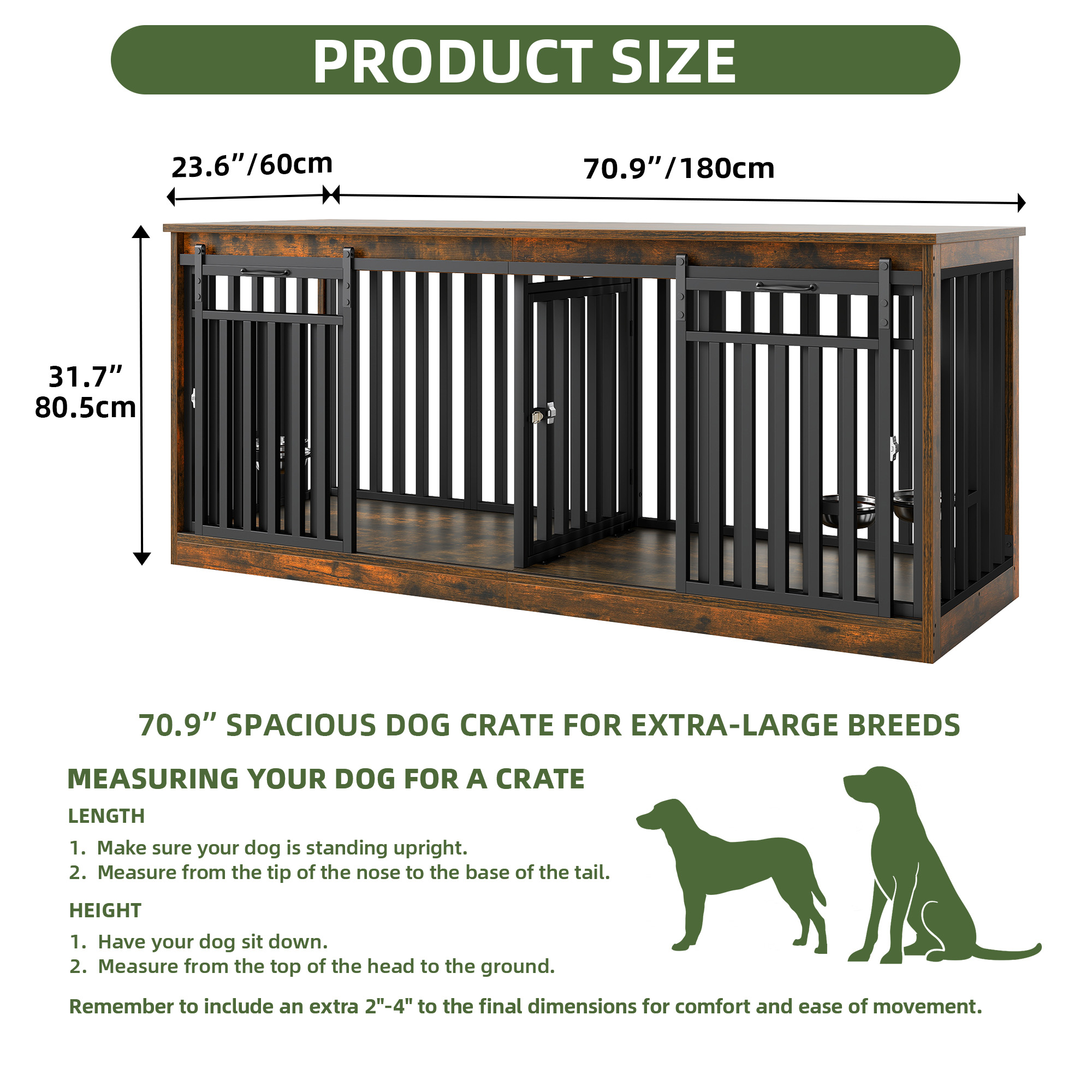 Uforic 71 in Large Double Dog Crate Furniture with 4 Dog Bowl, Wooden Indoor Dog Kennel Cage TV Stand for 2 Dogs Indoor - Rustic Brown