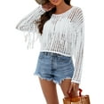 thumbnail image 2 of Liacowi Women Crochet Cover-up T-shirt Long Sleeve Crew Neck Hollowed Tasseled Loose Summer Beach Tops, 2 of 9
