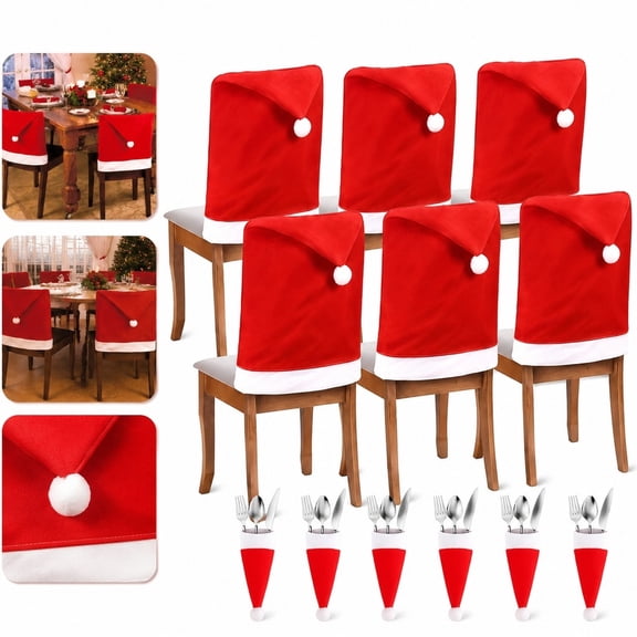 Christmas Chair Covers Set, 6 Chair Slipcovers with 6 Bow Tie Decorations for Dining Room Holiday Party Decor, Stretch Fit Chair Caps