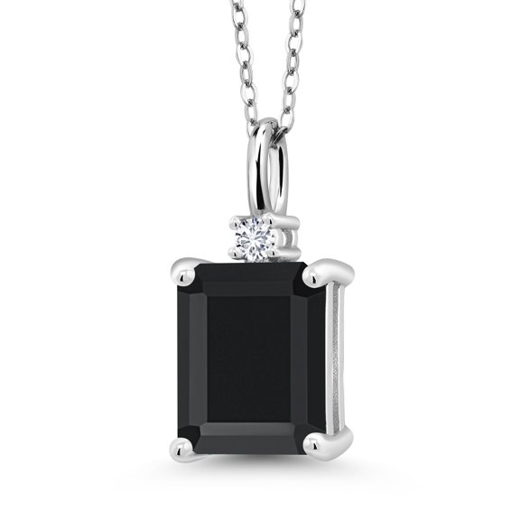 Gem Stone King 925 Silver Black Onyx and White Lab Grown Diamond Pendant Necklace for Women (3.17 Cttw, Gemstone December Birthstone, Emerald Cut 10X8MM with 18 inch Silver Chain)