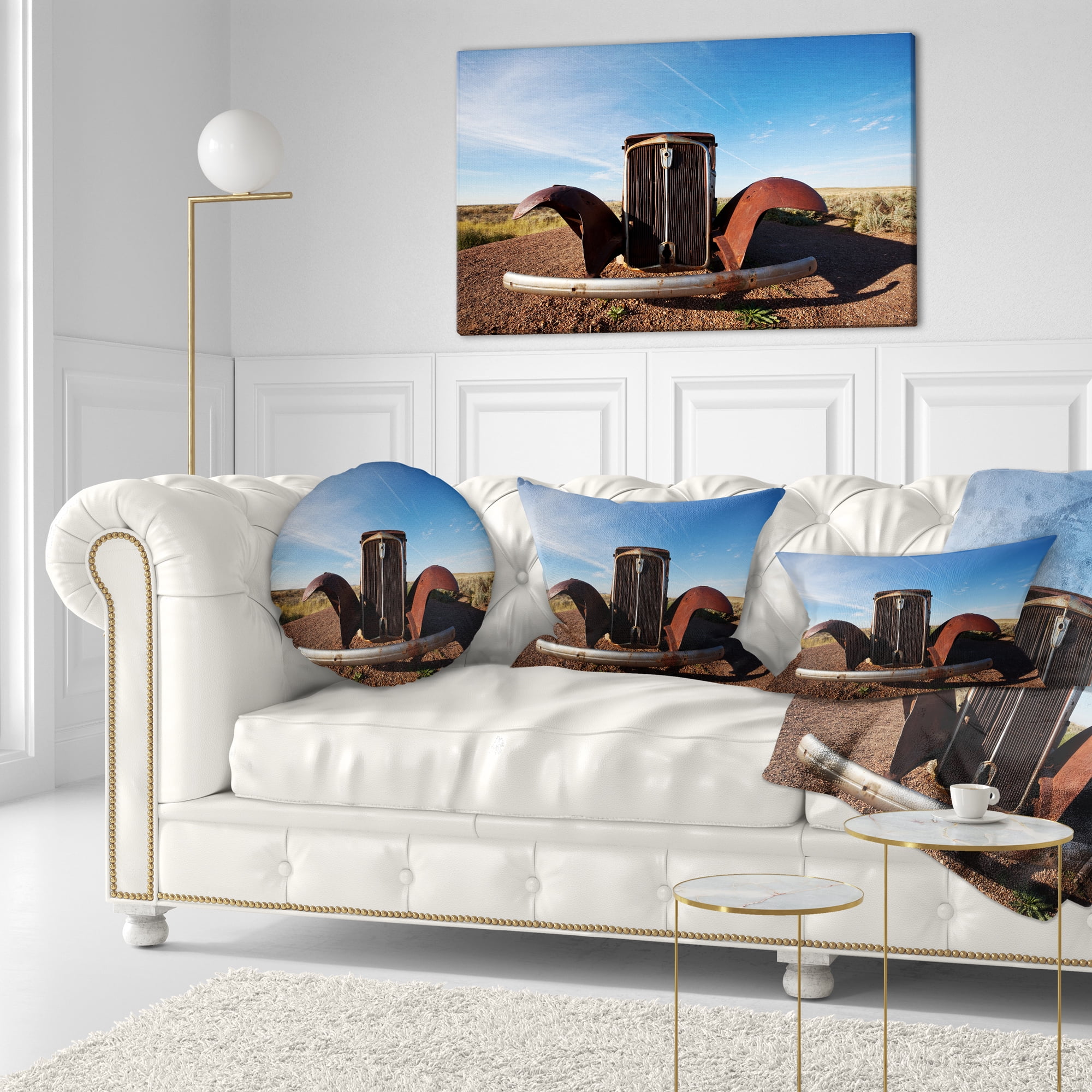 Designart Retro Car under Calm Blue Sky - Landscape Printed Throw Pillow - 12x20