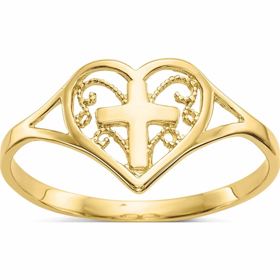 10K Yellow Gold Polished Heart With Cross Ring (Size 6.75) Made In Peru 10k5117