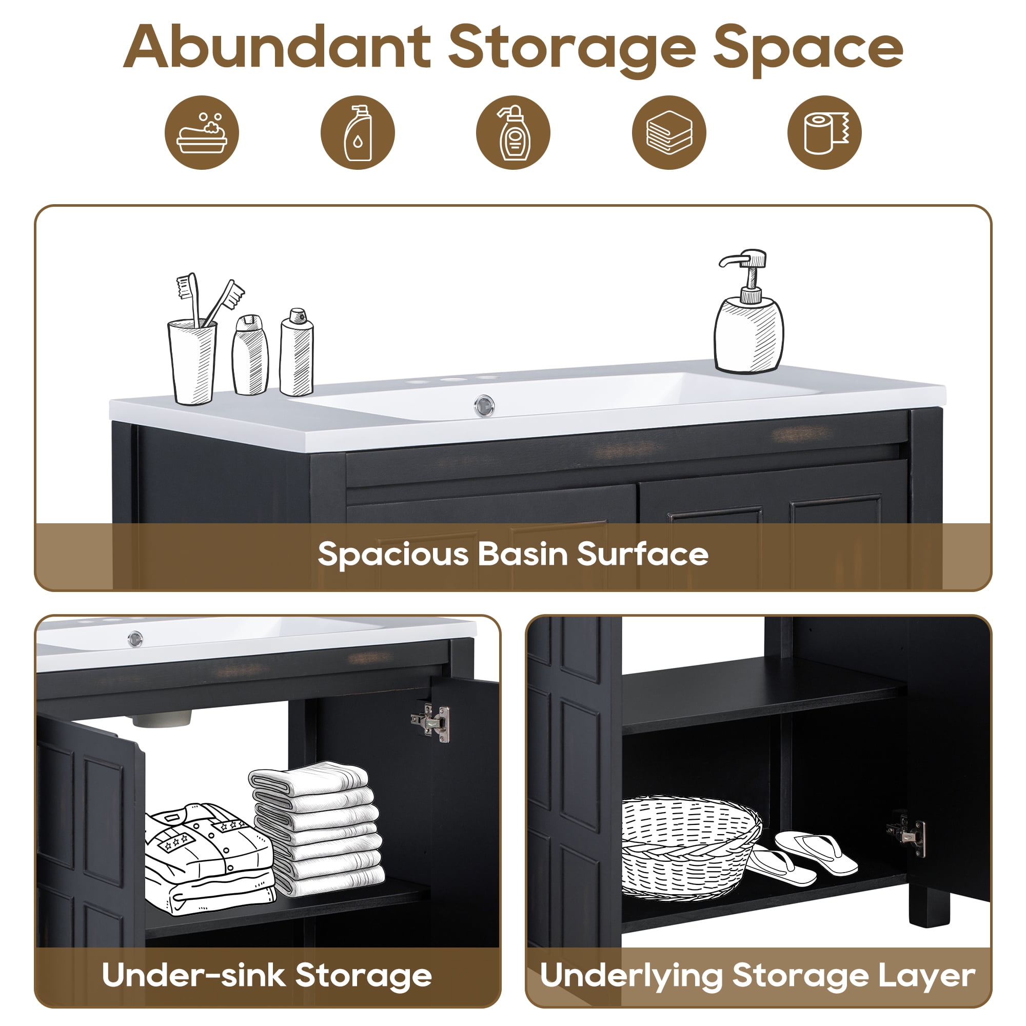 KYLE & KAY 36" Bathroom Vanity with Ceramic Sink, Bathroom Vanities Cabinet with Soft-Close Cabinet, Vanity Sink with Adjustable Shelves, Espresso