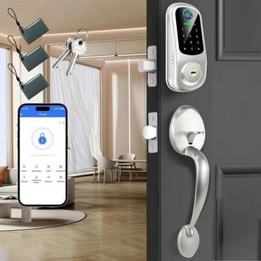 BEBASIA Smart Door Locks for Front Door,Keyless Entry Digital Door Lock with Handle Set,5-in-1 Fingerprint Smart Lock,Smart Deadbolt Lock with Anti-Peep Code,Satin Nickel