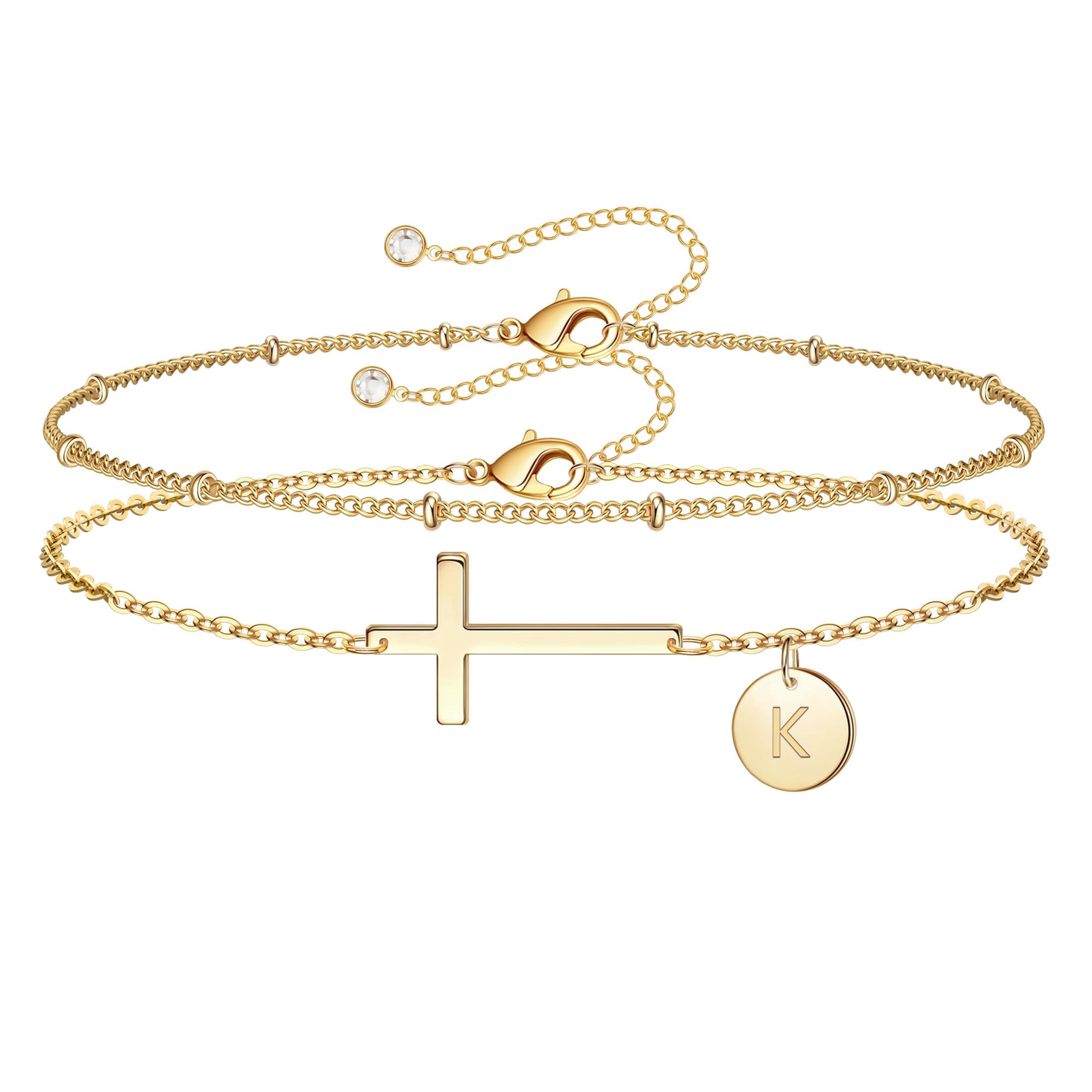 Turandoss Initial Cross Bracelets for Women 14K Gold Plated Dainty Layered Disc Pendant Letter A-Z Trendy Jewelry Baptism Religious Christian Gifts for Women Teen Girls