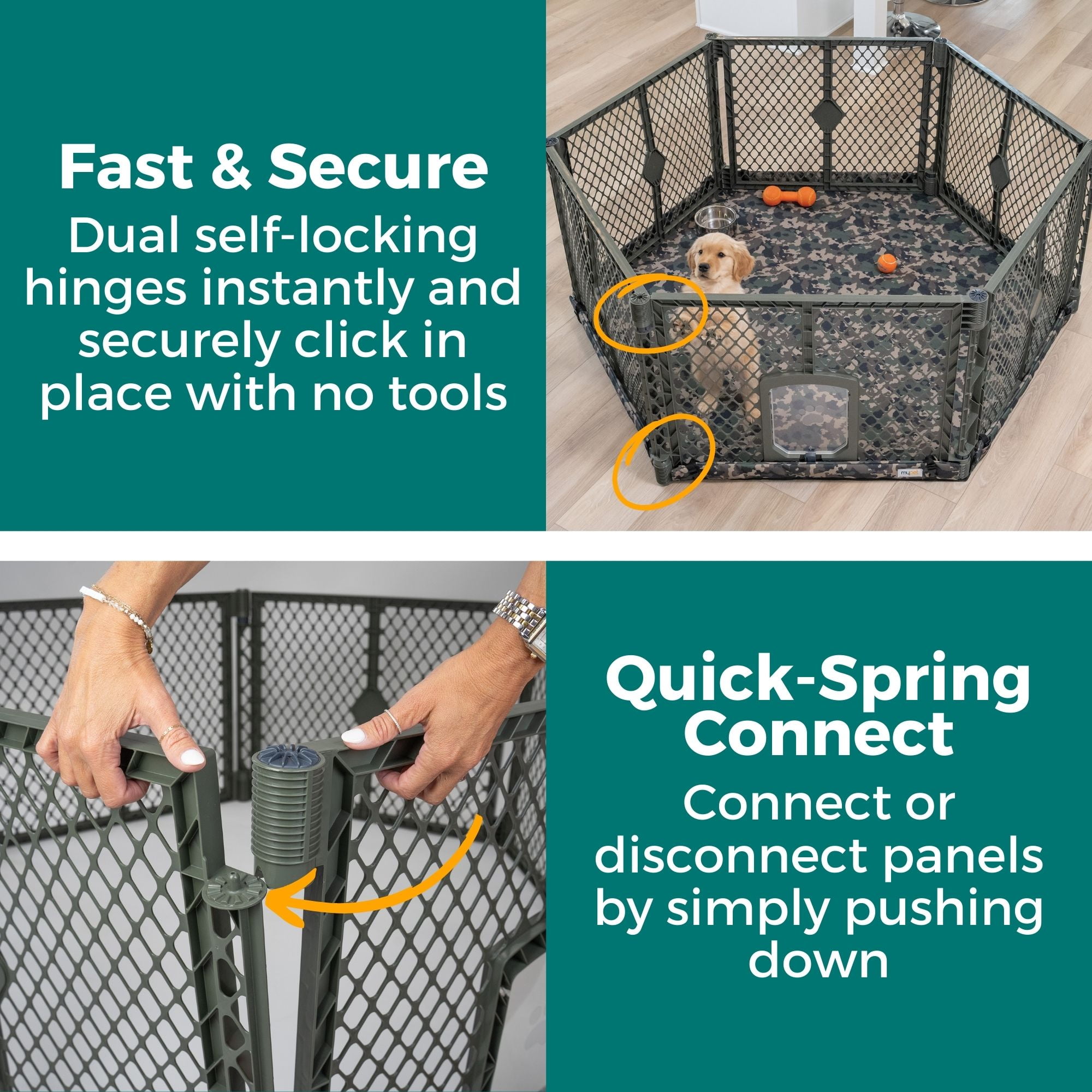 Petyard Protect Bundle, 6-Panel Indoor & Outdoor Playpen and Mat for Dogs, Green Camo