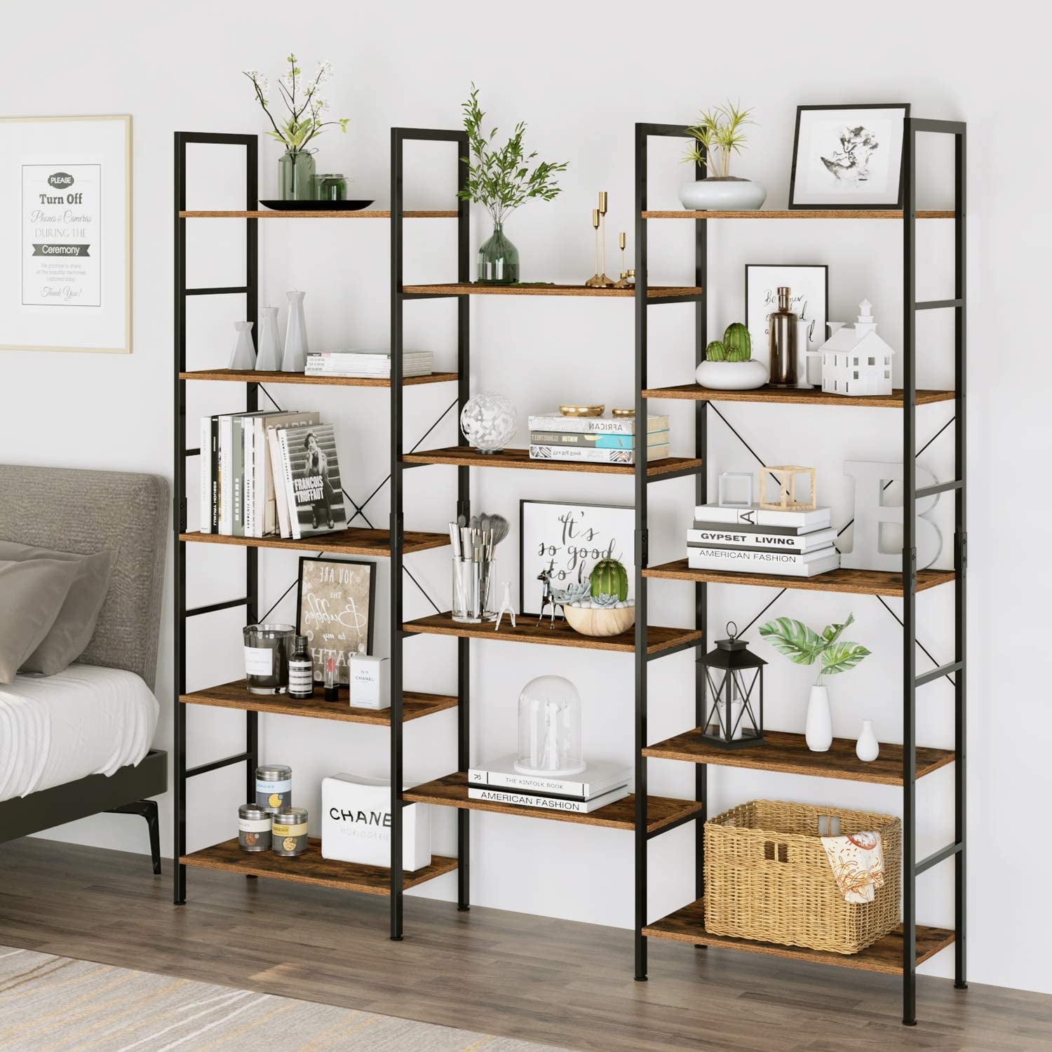 Homfa 5Tier Large Bookshelf, Triple Wide Storage Shelf Home Furniture