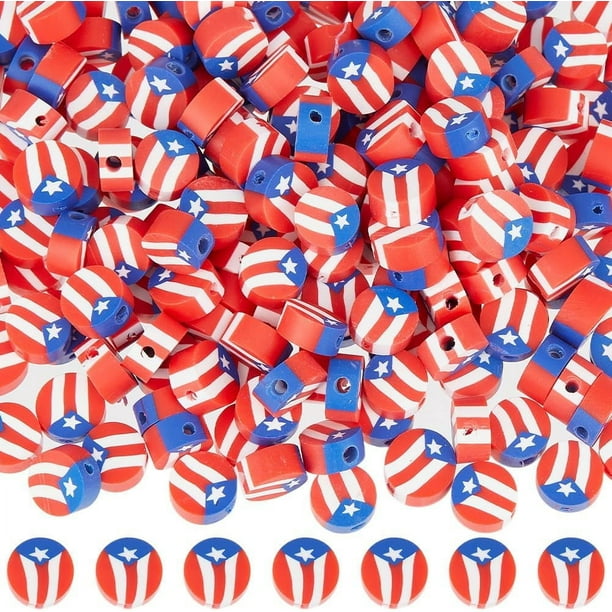 1 caja de 200 cuentas de arcilla polimérica con forma de bandera, colores surtidos (blanca, roja y estrella), ideales para hacer bisutería, pulseras y manualidades. Perfectas para principiantes.