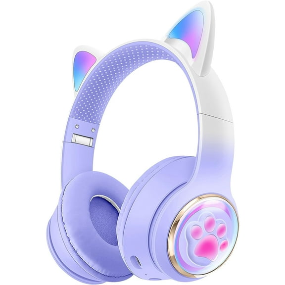 QearFun Kids Wireless Headphones,Cat Ear Headphones with LED Lights for Kids/Boys/Girls/Toddler Aged 3 up, 2 in 1 Childrens Bluetooth/Wired Headphones Foldable with Mic for Phone/Tablet/Laptop,Purple