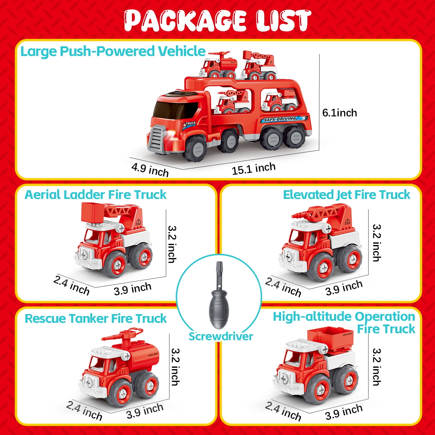 WonderStone 5-in-1 Fire Truck Toy with Light & Sound, Push Cars for Boys Kids 1-8 Birthday Gift