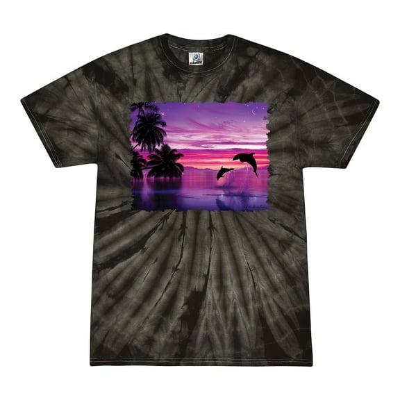 Wild Bobby, Majestic Dolphins Jumping During Sunset, Animal Lover, Tie-Dye Tees, Spiral Black, Small
