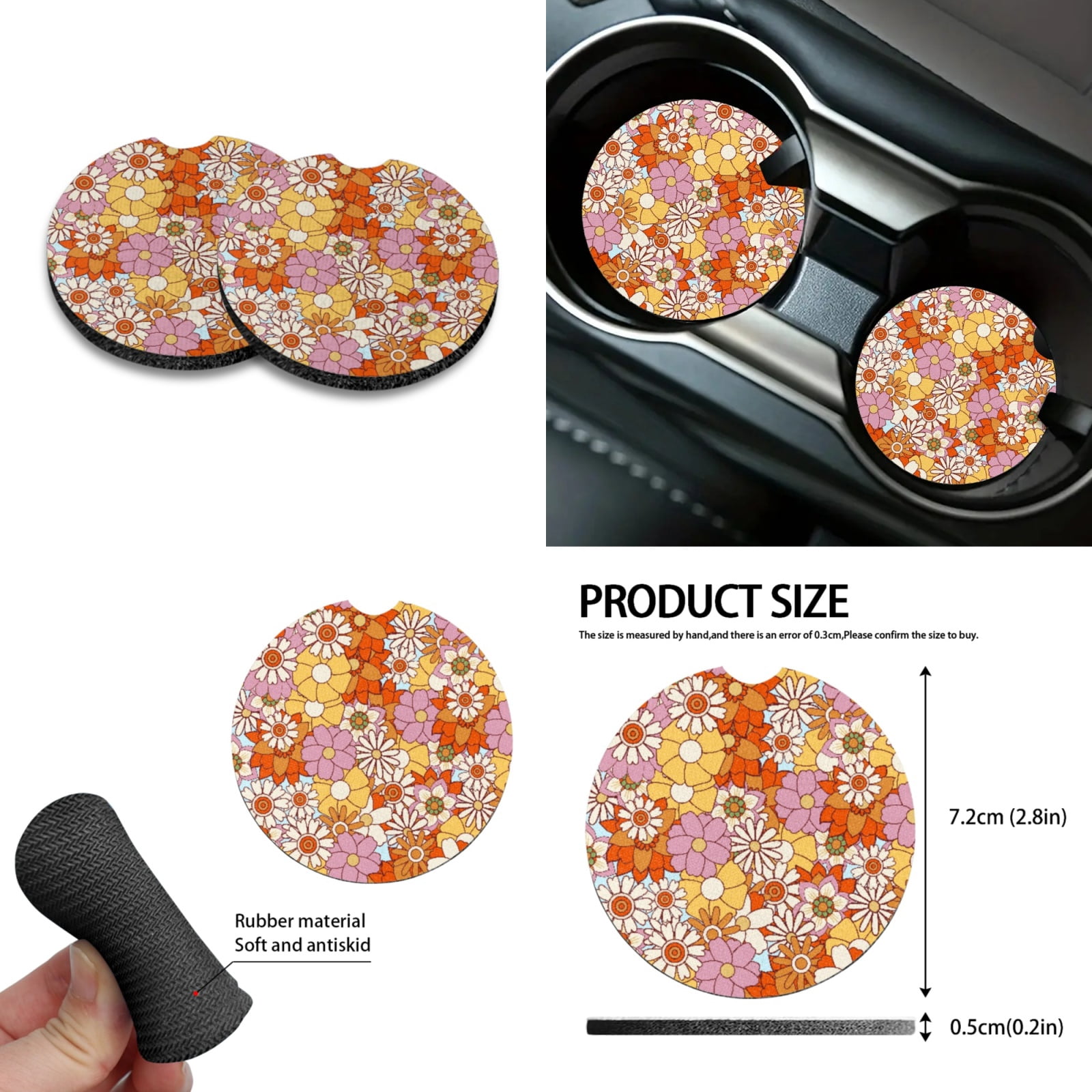 FORUDESIGNS Hippie Daisy Print 10 Pack Car Accessories Sets Scratch-Resistan Front Rear Seat Covers Car Trash Can Air Vent Pouch Steering Wheel Cover Cup Coasters Keychain for Vehicle SUV Truck