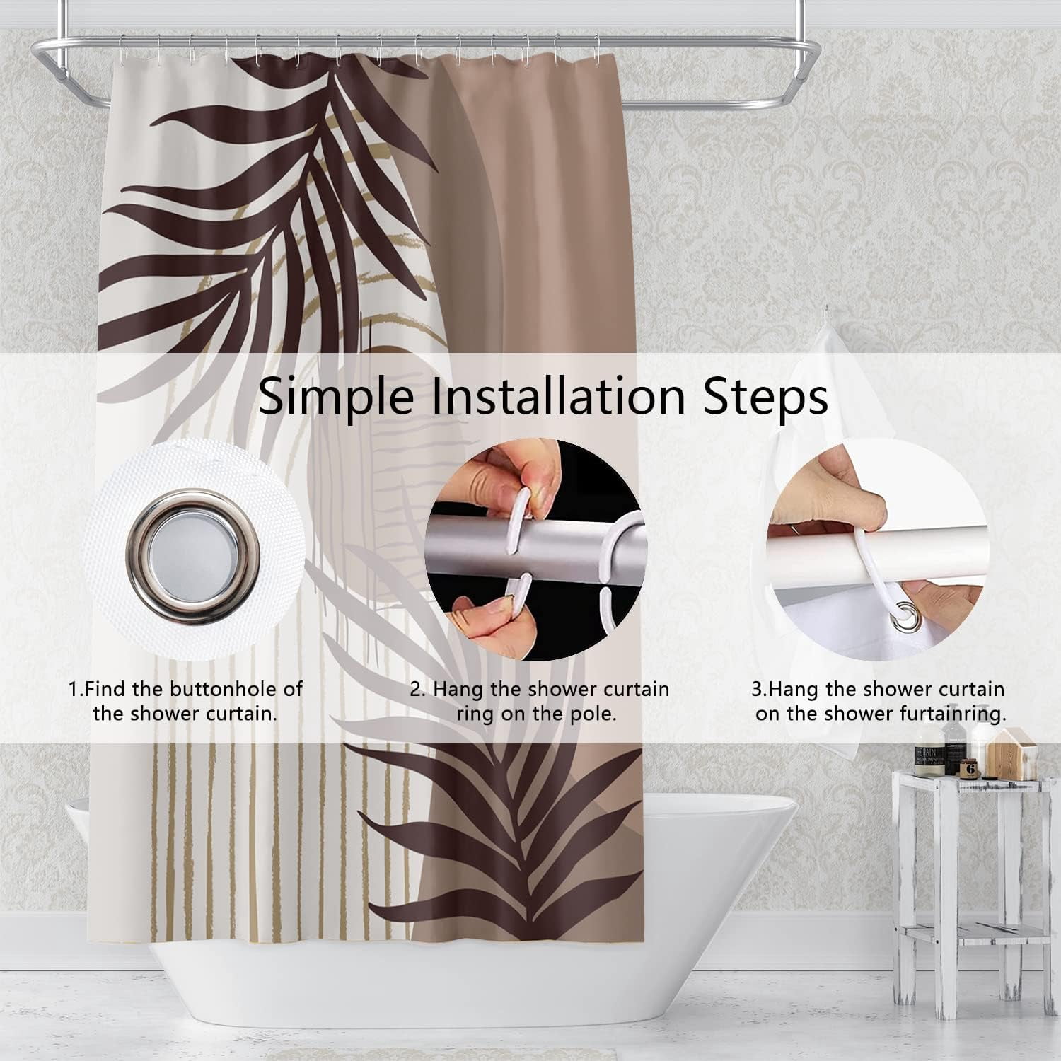 Abstract Mid Century Boho Bathroom Shower Curtain Eucalyptus Leaves Brown and Beige Sun Shower Curtain with Hooks Waterproof Fabric Polyester Shower Curtain for Art Home Decor, 72x72 Inch