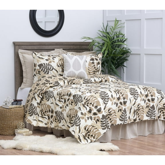 Silhouette Palm Leaves Brown Beach Coastal Full/Queen 3 Piece Quilt Set