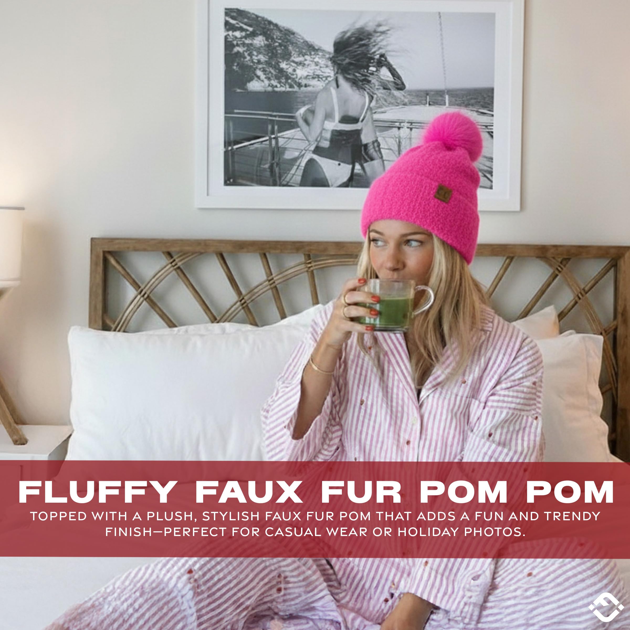 Funky Junque Beanie for Women Ultra Soft Chenille Faux Fur Pom Pom Winter Hats Warm Ski Cap Fashion - Hot Pink