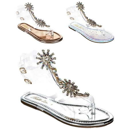 - Women Gladiator Lucite Clear Transparent Rhinestone Bling Flats Sandal Silver Flong-1