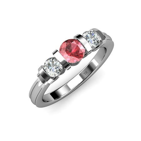 

Pink Tourmaline and Diamond (SI2-I1 G-H) Bar Set Three Stone Ring 1.17 ct tw in 14K White Gold.size 5.0