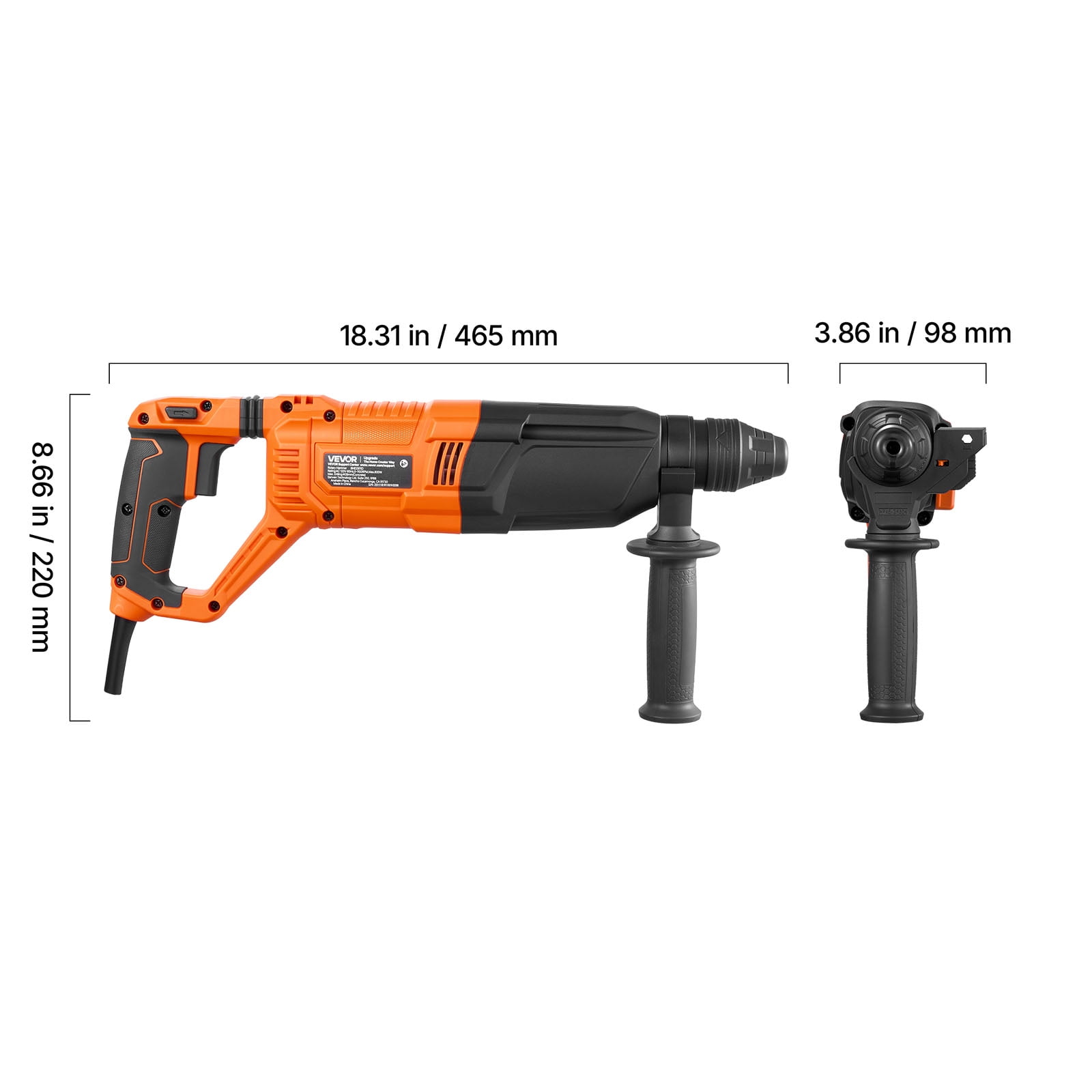 VEVOR Rotary Hammer Drill, 1-1/8 in SDS-Plus Electric Corded Heavy Duty Rotary Hammer, 4 Functions, Including 3 Drill Bits, Flat Chisel, Pointed Chisel, and Carrying Case, for Concrete and Masonry