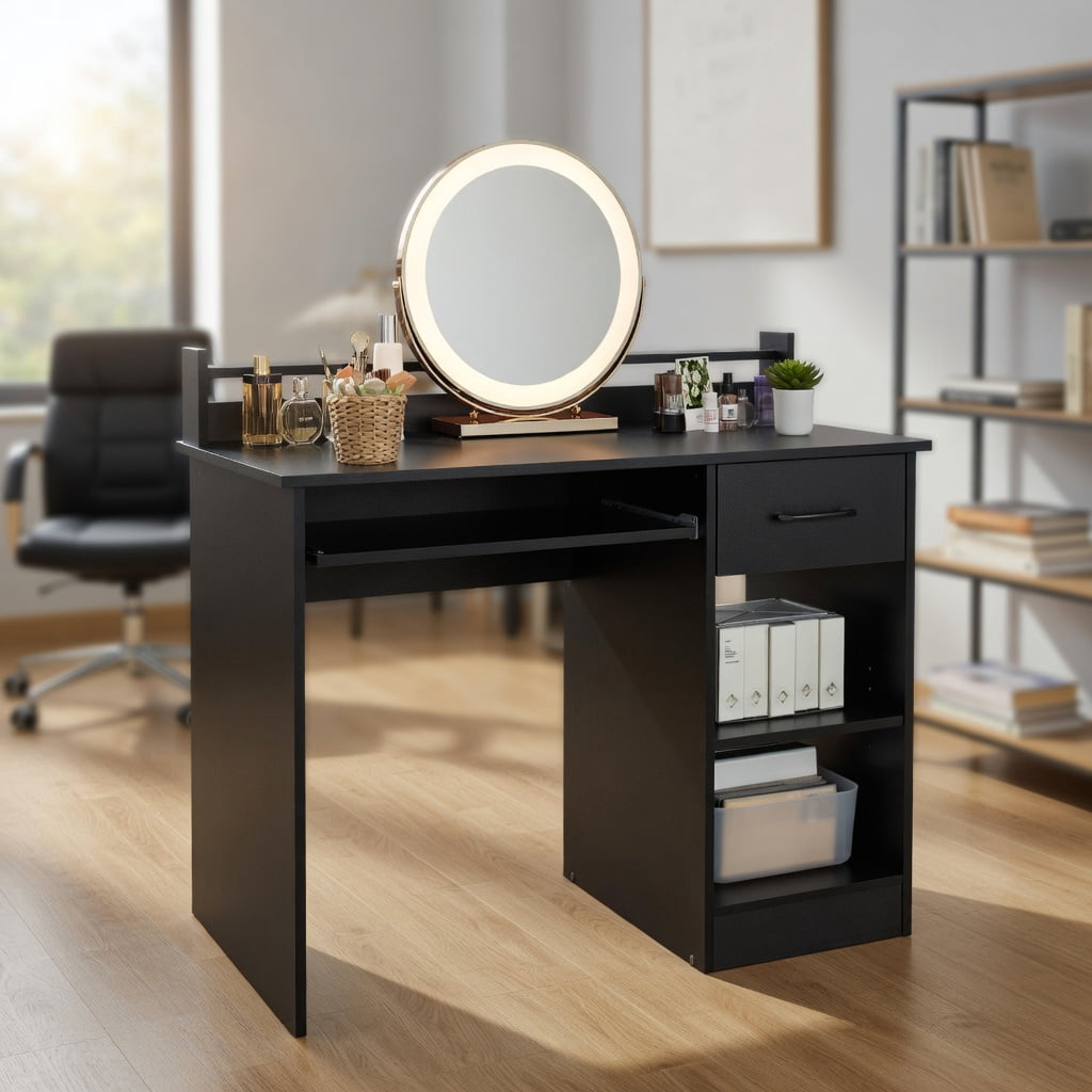 Topcobe Study Laptop Table with Drawer and Keyboard Tray, Desks for Bedrooms, Ideal for Working and Studying, Black