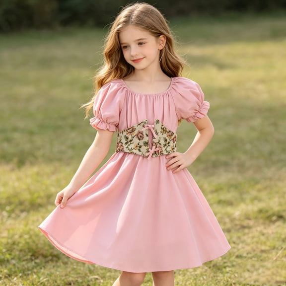 Girls' Renaissance Two Piece Dress Floral Cinch Belt Off Shoulder Puff Sleeve Flared A Line Skirt Vintage Cosplay for Girls 3-12Y, Halloween Costumes for Girls Pink 10 Years
