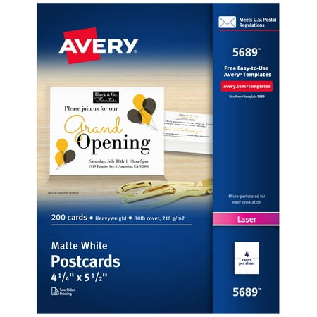 Avery Postcards Two-Sided Printing, 4-1/4" x 5-1/2", 200 Cards (5689)