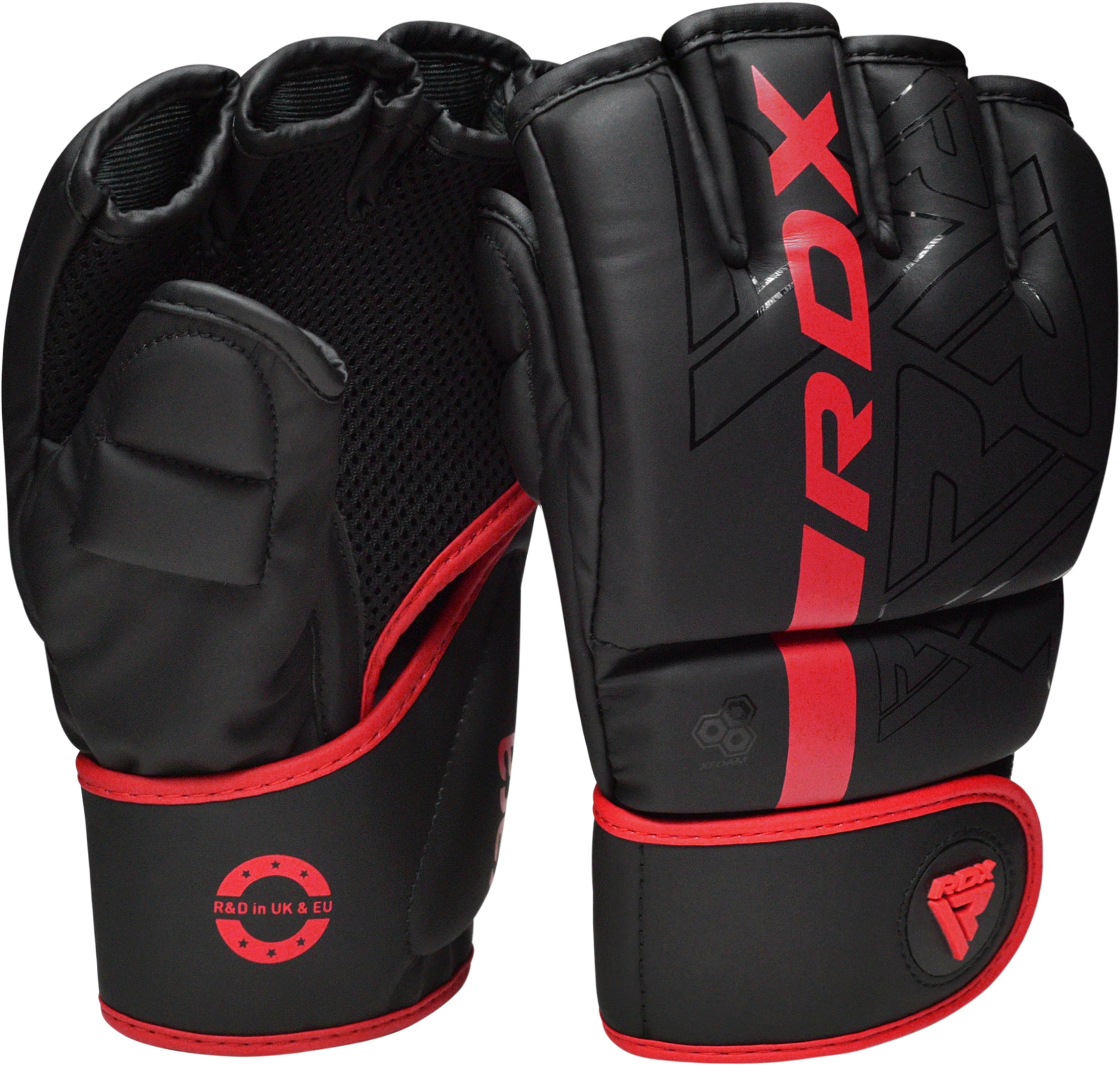 RDX MMA Boxing Gloves Grappling Sparring, Pre-Curved Martial Arts Mitts, Ventilated Palm, Maya Hide Leather KARA, Red, Small