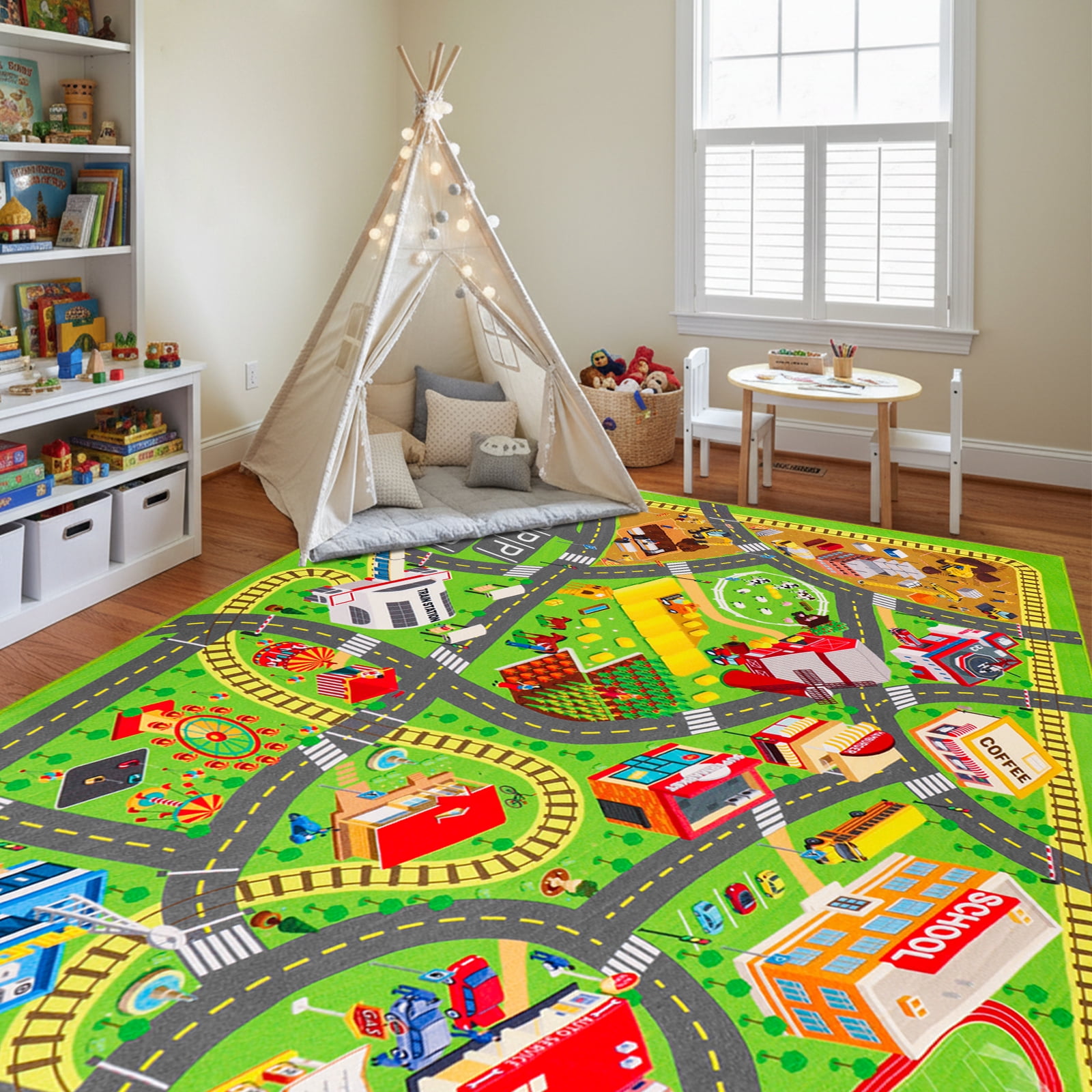 Car Rugs for Kids Toy Cars, Non-Slip Kids Play Rug, Town City Road Carpet for Kids Boys Playroom Bedroom, Washable Car Track Playmat Vehicle Mat for Children Baby (City, 59"X39.4")