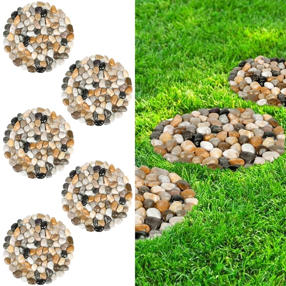 River Rock Stepping Stones Outdoor for Garden Walkway, 10 inch Diameter 5 Pcs Round Shape Paver Step Stones Polished Pebble River Stone Mat for Yard Lawn Patio Pathway Walk Way - Multi-Color