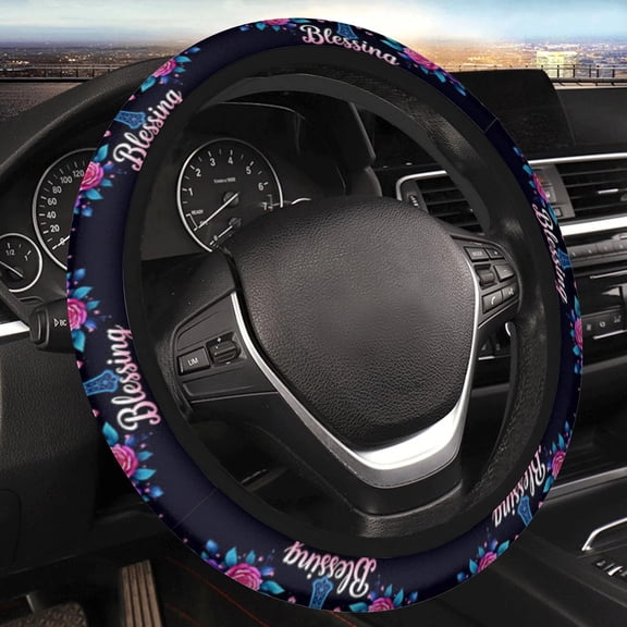 Car Steering Wheel Cover for Women Men, Non-Slip Breathable Steering Wheel, Blue Cross Pink Rose Blessing Steering Wheel Protector, Car Accessories, Universal 14" 02/2-15" Fit Auto, Suvs