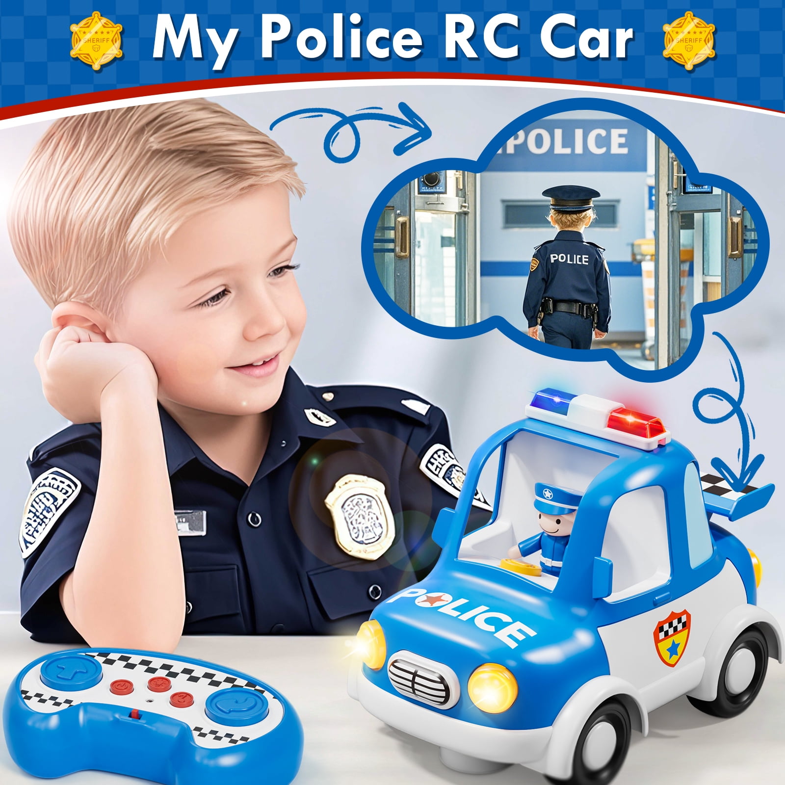 Toys for 2 Year Old Boys Toys, Rechargeable Remote Control Car for Toddler, Kids Toys Age 2 3 4 5, Police Car with LED Lights & Music, Gifts for Toddler Boys 18+ Months
