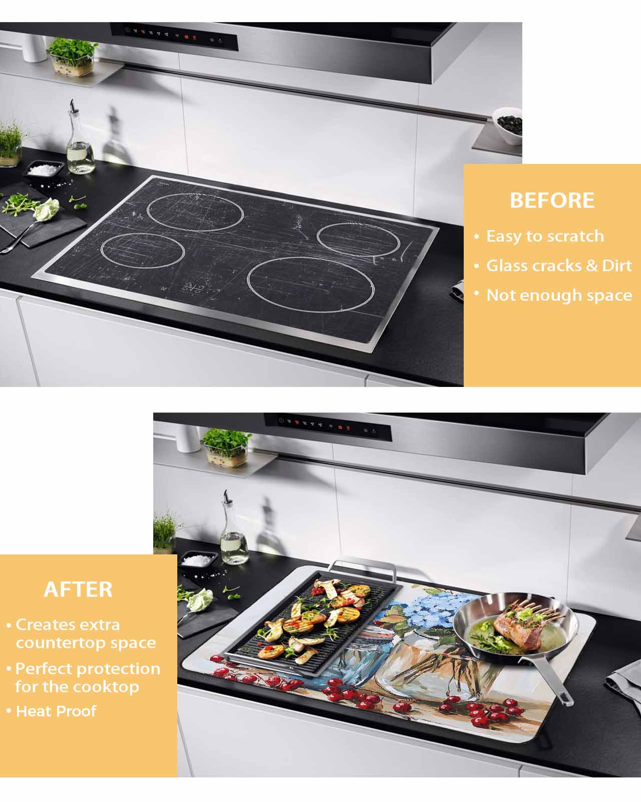 nqOlkjepod Large Induction Cooktop Protector Mat 36"x21", Flowers Fruit Stove Top Covers for Electric Stove, Blue Hydrangeas Vintage Farm Leaves Stove Burner Cover Mats, Glass Top Stove Cover