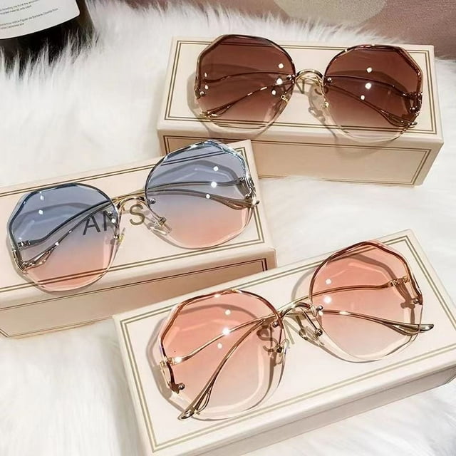 Gafas de sol de moda con borde sin marco poligonal para mujer, gafas de sol con protección solar y patas de espejo curvadas de metal