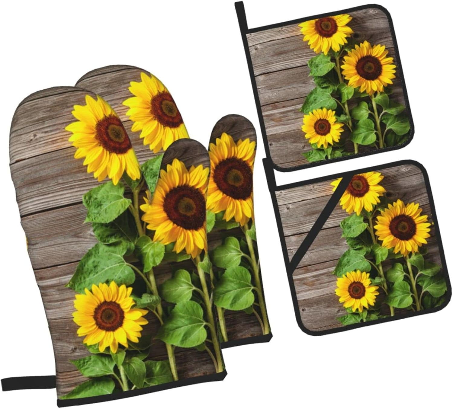 Spring Sunflowers On Board Oven Mitts and Pot Holders Sets of 4 High Heat Resistant Summer Flowers Vintage Oven Mitts with Oven Gloves and Hot Pads Potholders for Kitchen BBQ Non-Slip Cooking Mitts